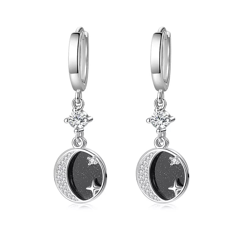 Boucles d'oreilles Lune et étoile en argent 925 massif et cristal de haute clarté