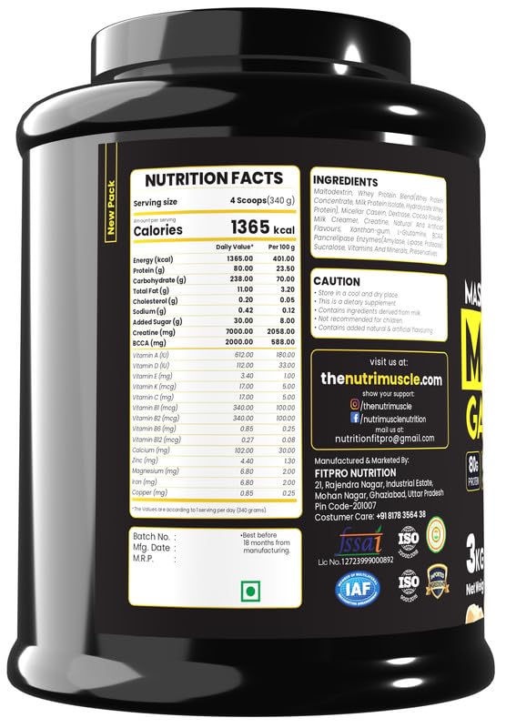 Image of Nutrimuscle Massive Muscle Mass Gainer, 3 Kg - Cookies & Cream Flavour, High Protein Weight Gainer with Creatine & Complex Carbs for Muscle Mass, Size & Strength Gain