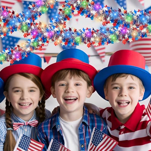 Image of 33 FT 4th of July Garland, 250th Patriotic Tinsel Garland Red White and Blue Garlands Flag Day Decorations Star Metallic Tinsel for Independence Day Home Car Bike Decor Accessories