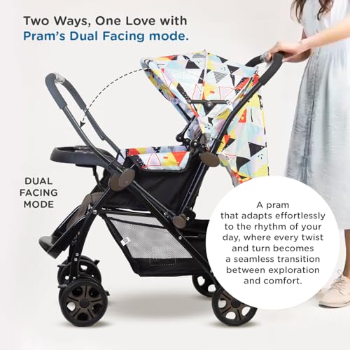 Image of Mee Mee Cozy Cruise Baby Stroller /Pram (Grey Black) | Premium Foldable Pram with 5-Point Harness, One-Hand Fold, Multi-Recline Cushioned Seat, Adjustable Canopy & 360 Wheels | 0-3 Yrs