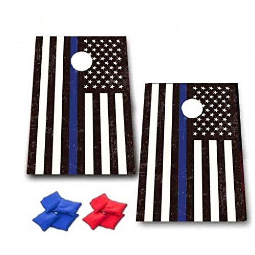 VictoryStore Cornhole Games - Thin Blue Line American Flag Cornhole Game - Police Gift Bag Toss Game - 8 Bags Included - Wooden Boards