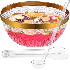NiHome Gold Trim Clear Plastic Punch Bowl with Ladle and Tong for Parties, Weddings, BBQs, 1.4 Gallon Beverage Serving Bowl Complete Set for Cocktails, Salads, Snacks, Easy to Clean