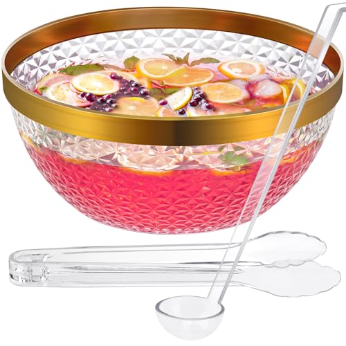 NiHome Plastic Punch Bowl with Ladle and Tong for Parties, Weddings, BBQs, 1.4 Gallon Gold Trim Clear Beverage Serving Bowl Complete Set for Cocktails, Salads, Snacks, Easy to Clean by NiHome - Used condition - US$20.99
