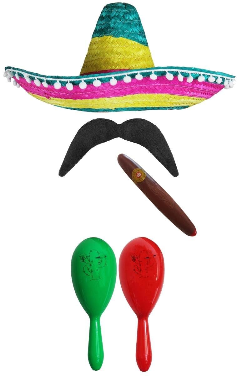 Adults Mexican Accessory Set - Multicoloured Sombrero, Green & Red Maracas, Fake Cigar, Moustache - Cinco de Mayo Sensorita Bandit Mariachi Fancy Dress Costume Accessory Set
