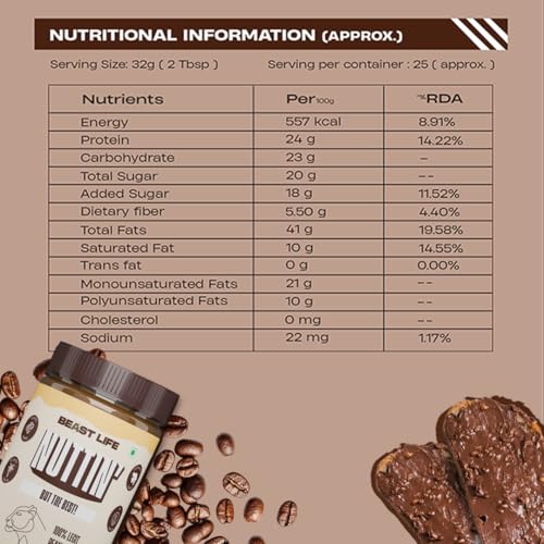 Image of BeastLife Crunchy Coffee Peanut Butter | 24.5 G Protein | 800 gm | 100% Peanuts, High Protein | Zero Palm Oil | Non‑GMO Nut Butter | Fitness-Friendly Spread | Zero Cholesterol