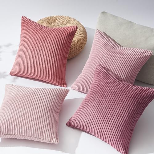 Image of Topfinel Pink Throw Pillow Covers 16x16 Inch Set of 4,Soft Farmhouse Corduroy Decorative Cushion Cover,Square Cute Pillow Case for Gril's Bedroom Couch Sofa Living Room,Spring Series Home Decor