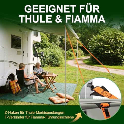 Sturmband Markise Vorzelt Set für Thule/Fiamma mit 39CM Spiralförmige Bodenanker, Sturmsicherung Vorzelt Zubehör für Wohnmobilzelte, Windbeständigkeit, Haltbar