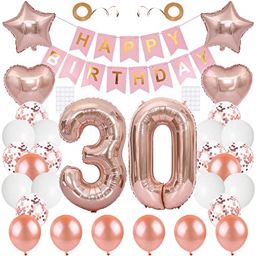 Huture 30 Birthday Party Supplies Rose Gold Number 30 Foil Balloon "Happy Birthday" Banner Kit 30th Birthday Decoration White Latex Confetti Balloon Foil Star Heart Balloon Great Gift for Girls