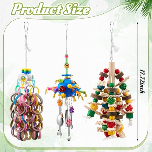 Image of Seenelling 3 Pcs Extra Large Bird Toys for Parrots, Ring and Ball | Multicolored Natural Wooden Blocks & Beads Bells, Bird Cage Chewing Toys for Large Medium Macaws African Grey Cockatoos