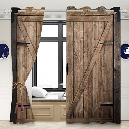 Umpoo Wooden Barn Door Blackout Curtains For Living Room Decoration Rustic Farmhouse Vintage Country Garage Western Bedroom Window Drapes Treatment Fabric Set Of 2 Panels, 42X84 Inch #TOP1
