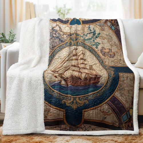 Sleepwish Nautical Map Sherpa Blanket 108x90 Inches, Vintage Ship Map Throw Ocean Sailing Decor for Living Room Couch Cozy Maritime Gift for Men Boys