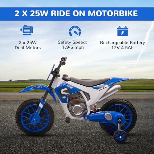 Aosom 12V Kids Motorcycle w/Treaded Tires, 5mph Top Speed Electric Bike for Kids, Ride On Motorcycle w/Training Wheels, Battery Charger, Spring Suspension, Blue - Image 5