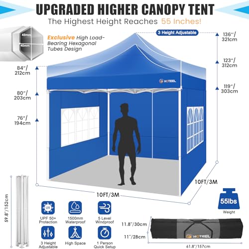 Image of HOTEEL 10x10 Pop Up Canopy Tent for Party with Sidewalls,Heavy Duty Commercial Instant Waterproof Gazebo,UV 50+ with Silver Coated, Upgraded Thickened Hexagonal Legs, Blue
