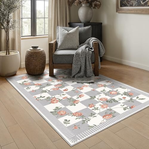 Waschbarer Teppich Blumenmuster 120x170cm Blumen Kariert Neutral Modern Rugs for Living Room Weich rutschfest Tepich Kurzflor Schlafzimmer Carpet Esszimmer Bedroom Teppiche Büro, Grau&Weiß K