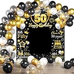 Mocsicka 50th Birthday Banner Large 50th Happy Birthday Backdrop Decorations Black Gold Fifty Birthday Decorations 50th Birthday Photo Backdrop for Men Women Outdoor Indoor - Image 2