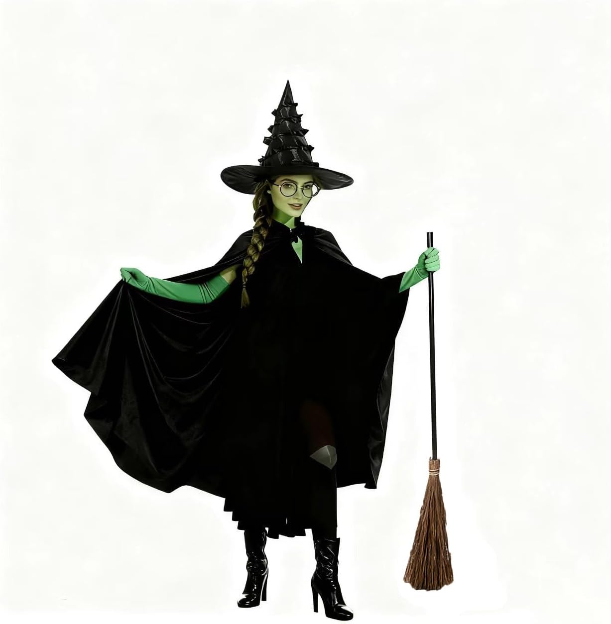 4 Pcs Halloween Witch Costume Set, Cosplay Kit with Witch Hat, Green Gloves, Broom & Glasses – Wicked Party Costume for Women Lady - Image 7