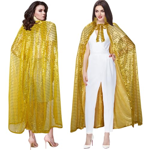 Sintege Disco Kostüm Halloween Glitzer Umhang Lang für Damen Fasching Mäntel Karneval Umhang Pailletten für Erwachsene 140 x 150 cm Cosplay Kostüm Glitzer für Halloween Karneval Partys (Gold)