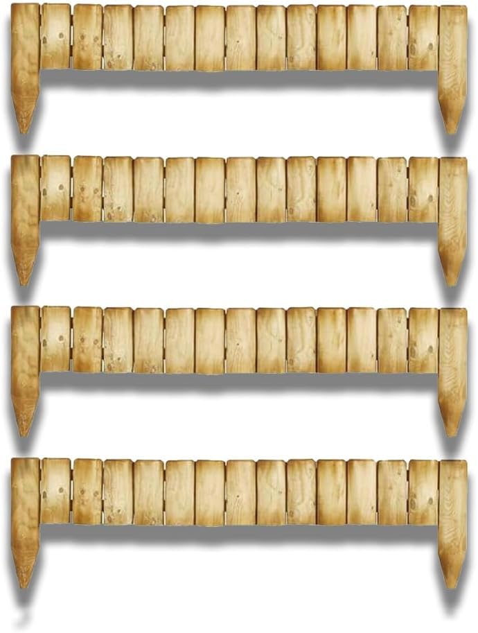 (Pack of 4) 1M Log Fixed Picket Log Border Fence, Natural Border Edging, Wooden Edging Fence, Garden fence, Wooden border Fence Roll for Flower Beds Lawns Paths