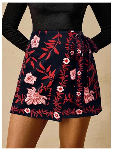 Image of RoseSeek Women's Boho Floral Print Wrap Mini Skirt Tie Side Summer Vacation Beach Skirts