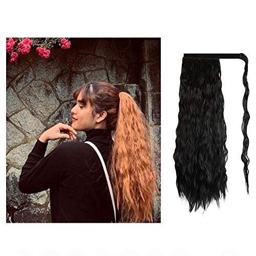 FESHFEN 20 Inch Long Curly Wrap Around Ponytail Hairpiece Off Black Corn Wave Magic Paste Synthetic Ponytail Hair Extension for Women Girls (1B)