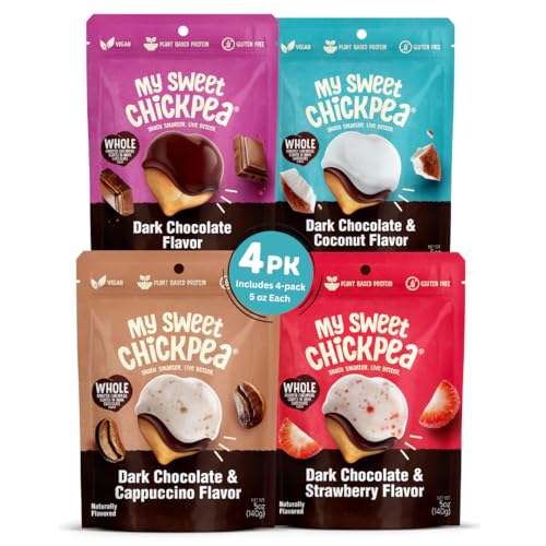 My Sweet Chickpea Chocolate Covered Chickpeas Variety Pack – Healthy Candy Protein and Plant Based Snack - Dark Chocolate, Coconut, Cappuccino & Strawberry Flavors - Vegan Snack & Gluten Free - 4 Pack
