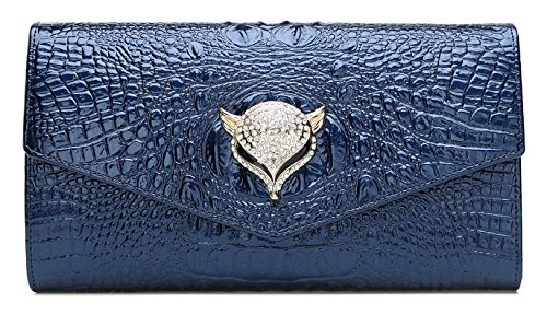 Yacn femmes Crocodile Cuir véritable Sacs à bandoulière Soirée Sacs avec chaîne en métal pour filles d'embrayage - Bleu - bleu,