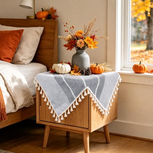 Small Gray Square Tablecloth 24x24 Inch, Cotton Linen Boho Nightstand Cover