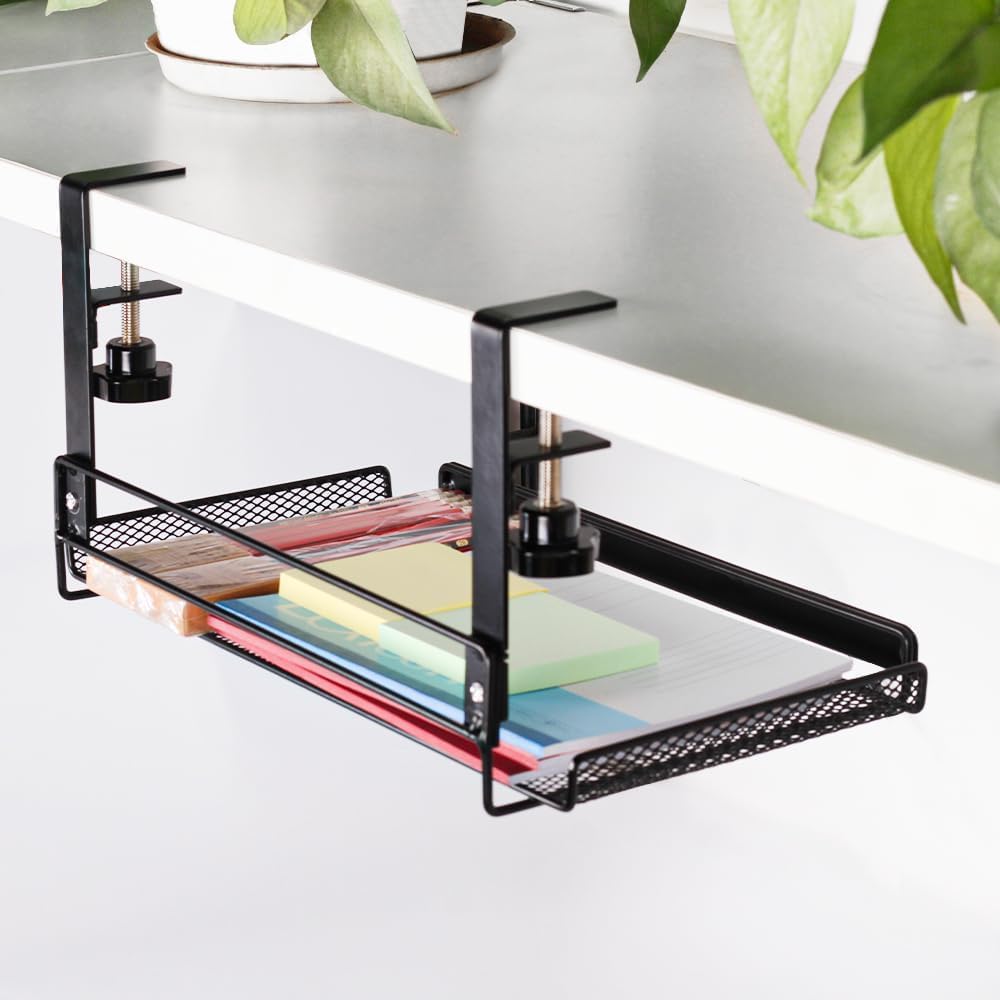 Crobat Under Desk Mesh Tray, Desktop Hanging Organizer Clamp-On Storage, Under Table Cord Organizer Cable Management for Office,Home