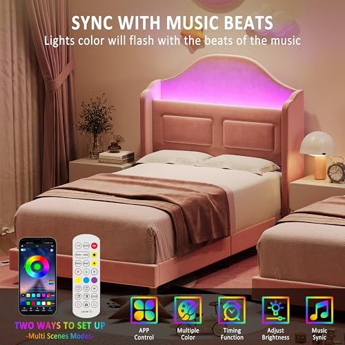 Garveehome Twin Bed Frame for Kids, Upholstered Velvet Princess Platform Bed for Boys/Girls with Wingback, Storage Bookcase Headboard & LED Light, No Box Spring Needed, Noise-Free, Easy Assembly, Pink