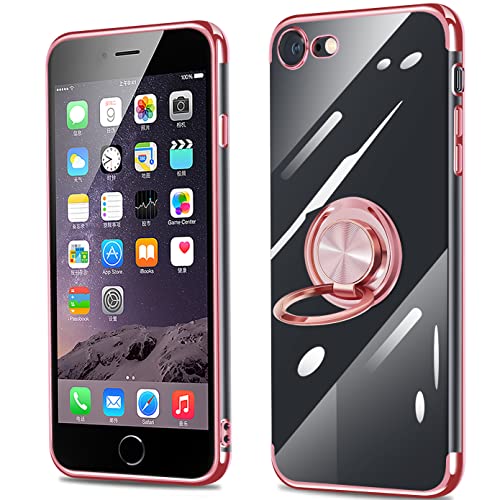 iPhone SE3 / SE2 / 8 / 7 ケース クリア リング付き アイフォン SE 第2世代 カバー 透明 リング 耐衝撃 薄型 スリム TPU ソフト シリコン スタンド機能付き 360回転 車載ホルダー対応 (ローズゴールド)