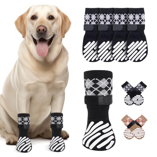 4 Stück Hundesocken Anti-Rutsch, Hunde Socken mit Leck-Schutz & Ausrutschschutz, Dog Socks mit Klettverschluss für den Innenbereich, Speziell für Senioren entwickelt - M ( Pfotenbreite: 5–6 cm)