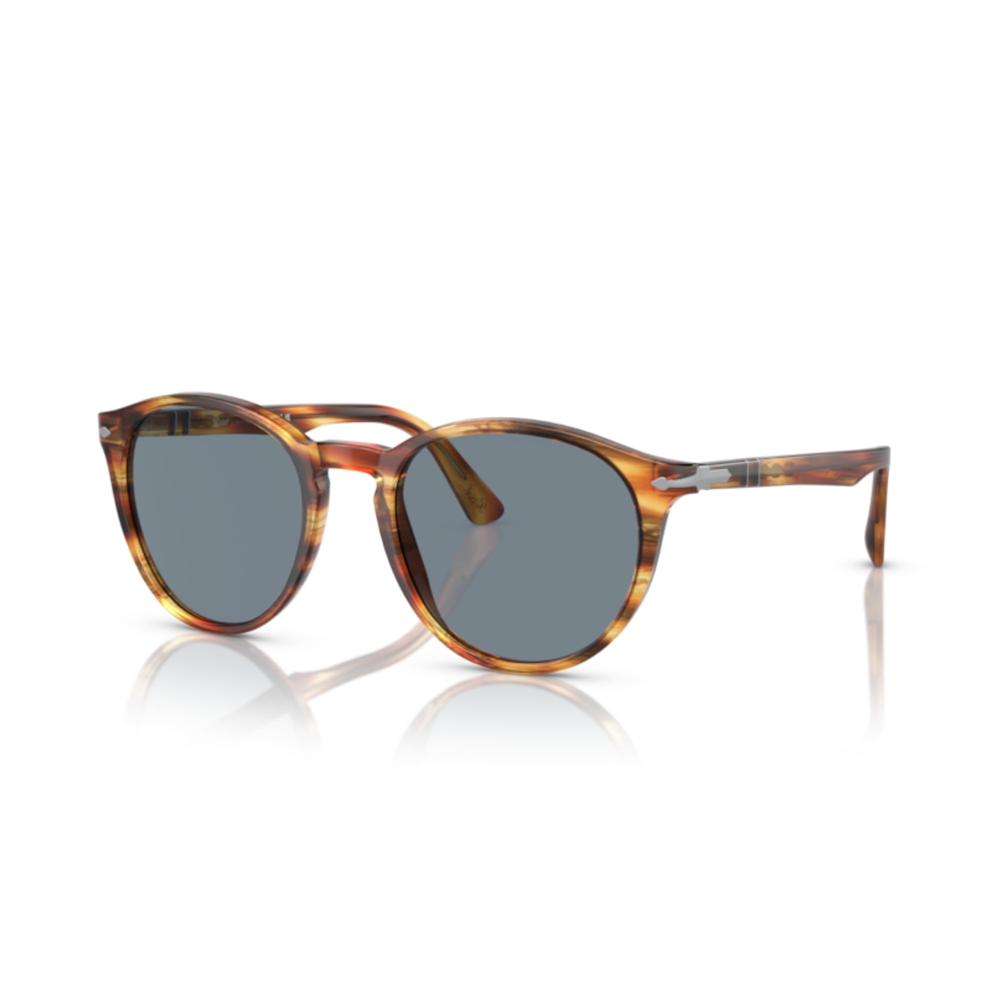 Persol PO3152S 904356 52MM Striped Brown and Yellow/Crystal Lens Light Blue Round Sunglasses for Men +BUNDLE with ACCESSORY EYEWEAR KIT