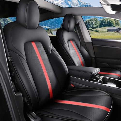 AOMSAZTO Car Seat Cover Fit for Tesla Model Y 2020 2024 - Half Surrounded Customized Seat Covers(Black with Red Stripe)