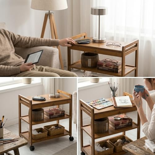 Image of Solid Wood Kitchen Trolley on Wheels - 3-Tier Rolling Serving Cart with Drawer & Storage Shelves, Portable Tea Coffee Station for Home, Wood Trolley Dining & Kitchen (L 59 x W 33 x H 80 cm)