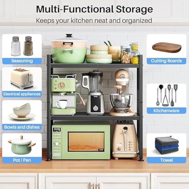 Expandable Microwave Stand, Heavy Duty 3-Tier Adjustable Microwave Oven Rack Shelf with 8 Hooks & 2 Holders, Space-saving Kitchen Counter Shelf for kitchen organizers and storage, 200lbs Capacity
