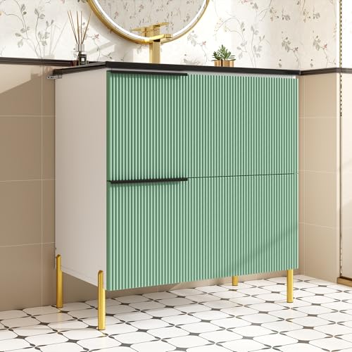BXEYXE Mueble de baño con lavabo de cerámica, lavabo individual con cajones de MDF, organizador de armario de pie con lavabo, color verde