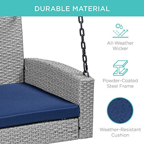 Best Choice Products Woven Wicker Outdoor Porch Swing, Gray/Navy