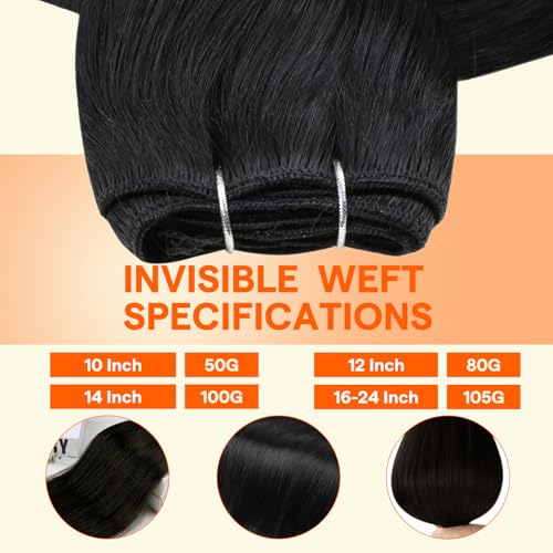 Image of Full Shine Sew In Weft Hair Extensions Human Hair Jet Black Hair Wefts Remy Human Hair Silky Straight Hair Extensions Sew In Weave Bundles Human Hair Double Weft Long Straight 24 Inch 105G