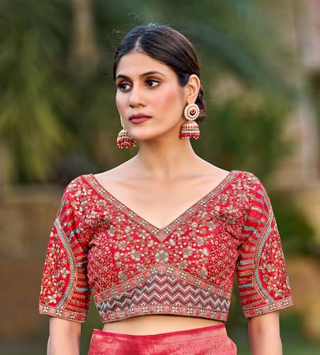 Image of Pujia Mills Mills Women's Fancy Readymade Heavy Coding Embroidary Worked Half Sleeve Multicolor Saree Blouse(Mushroom)