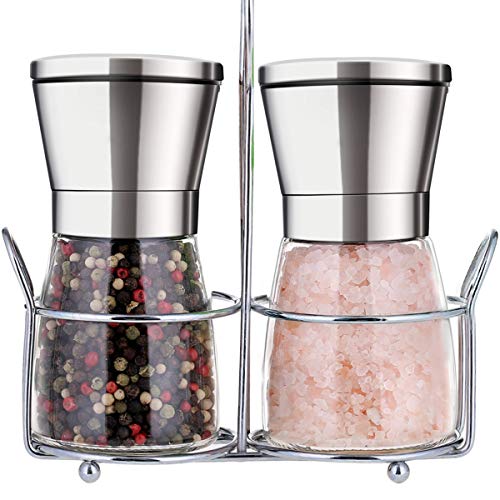 Premium Salt and Pepper Grinder Set with Stand Stainless Steel Manual Spice Adjustable Coarseness with Five Grinding Level Pepper Mill Grinders Shakers Set with Silicone Funnel Pack of 2