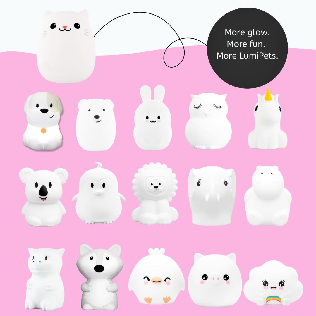 Lumipets Clive the Cat Squishy - Luz nocturna de silicona para niños, bonita luz nocturna con control remoto y táctil para dormitorios de bebés y niños pequeños, luz nocturna portátil que cambia de
