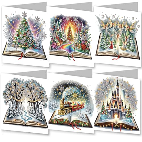 Awesocrafts 6pcs Diamond Art Christmas Cards Kits Castle Christmas Tree, DIY Diamond Painting Cards Sets