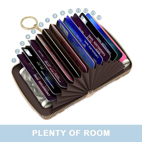 Image of Aiawoxc Credit Card Holder, Small RFID Wallet Slim Leather Card Organizer Case with Zipper and Wristlet Strap, Boho Leaves