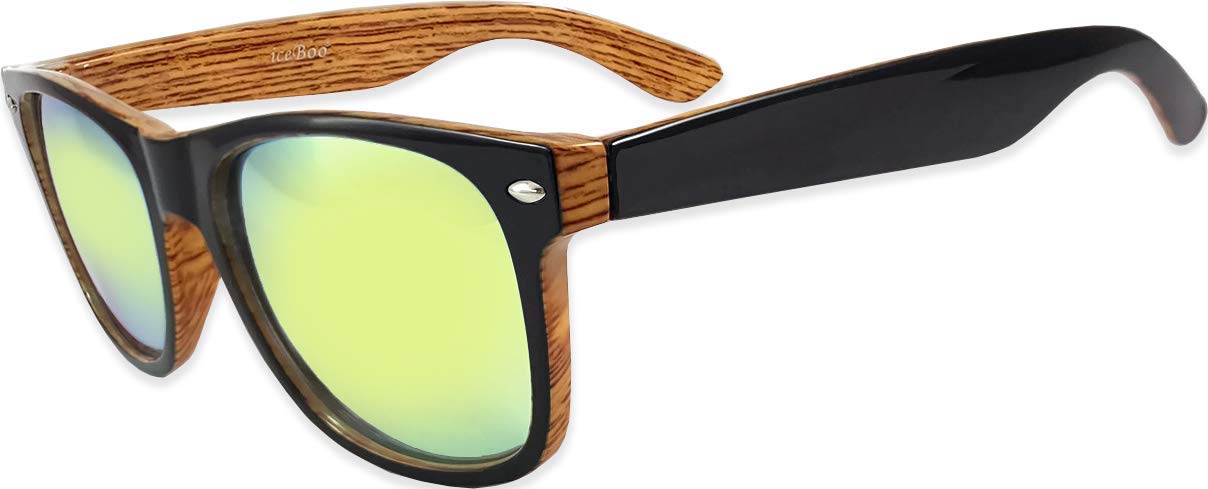 iceBooSunglasses Plastic lightweight frame gloss wood wooden grain pattern effect, Reflective Plastic lens UV400 (Wood grain pattern (W6004))