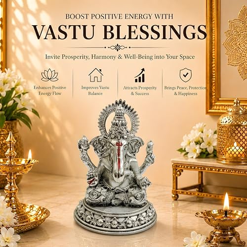 Image of Silver Plated Four-Armed Ganesh Idol - 3.5 Inch Divine Seated Ganpati Statue with Detailed Halo for Car Dashboard, Pooja Room and Mandir - Auspicious Vastu Home Decor and Spiritual Gift