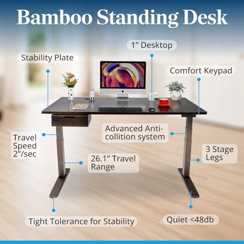 Image of UPLIFTDESK Bamboo (72 x 30 inch) Standing Desk 2-Leg V3 Adjustable Stand Up C-Frame (White), Advanced Keypad, Wire Grommets, Wire Tray, Rocker Board