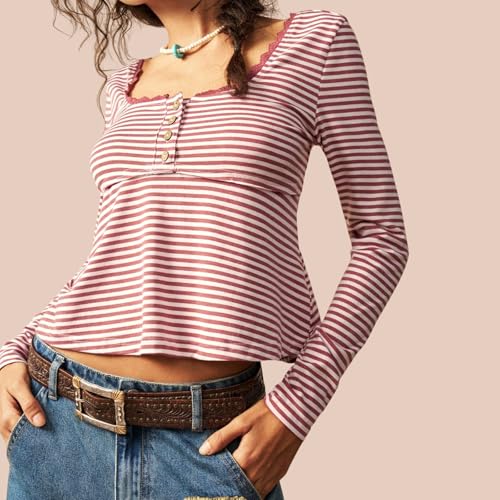 Women Y2k Lace Trim Striped Print Henley Shirt Top Vintage Square Neck Long Sleeve Ruffle Babydoll Tshirt Tops4