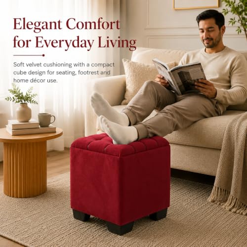 Image of Velvet Cube Ottoman | Seating Stool for Living Room | Soft Cushioned Footrest Stool with Durable Plastic Legs | Multipurpose Seating, Side Table & Pouffe Home Decor, 12x12x14 inch (Maroon)