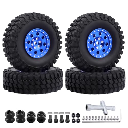 1.0 Beadlock Wheels and Tires Metal Micro Crawler Tires w/Wheel Spacers Offset for 1/24 RC Crawler Car Axial SCX24 AXI90081 Deadbolt AXI00002 Jeep Wrangler HobbyPark(Set of 4) (Blue Rims)