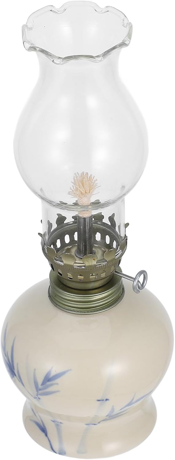 Vintage Ceramic Glass Oil Lamp for Indoor and Outdoor Use Kerosene Lantern for Emergency Lighting Hand-Painted Porcelain Rustic Lamp Warm Ambient Decor for Home and Patio